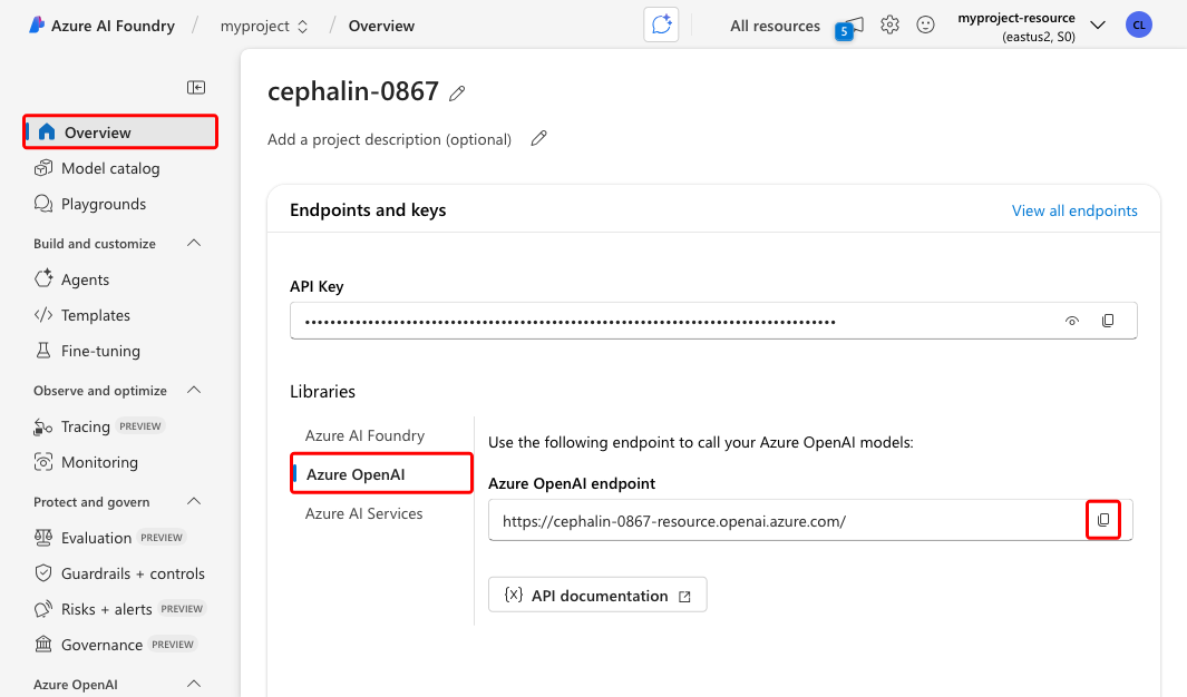 Screenshot showing how to copy the OpenAI endpoint in the foundry portal.