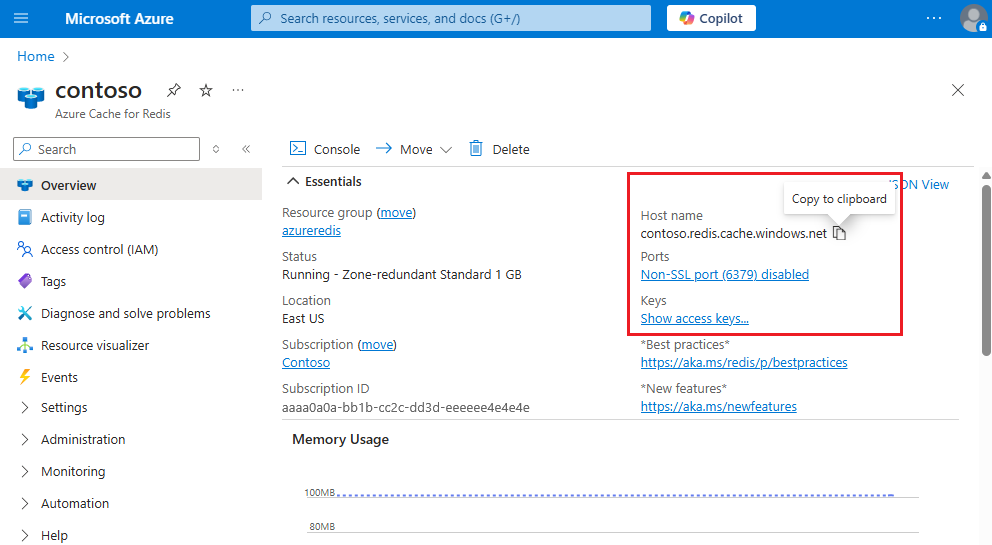 Screenshot showing Azure Redis cache properties.