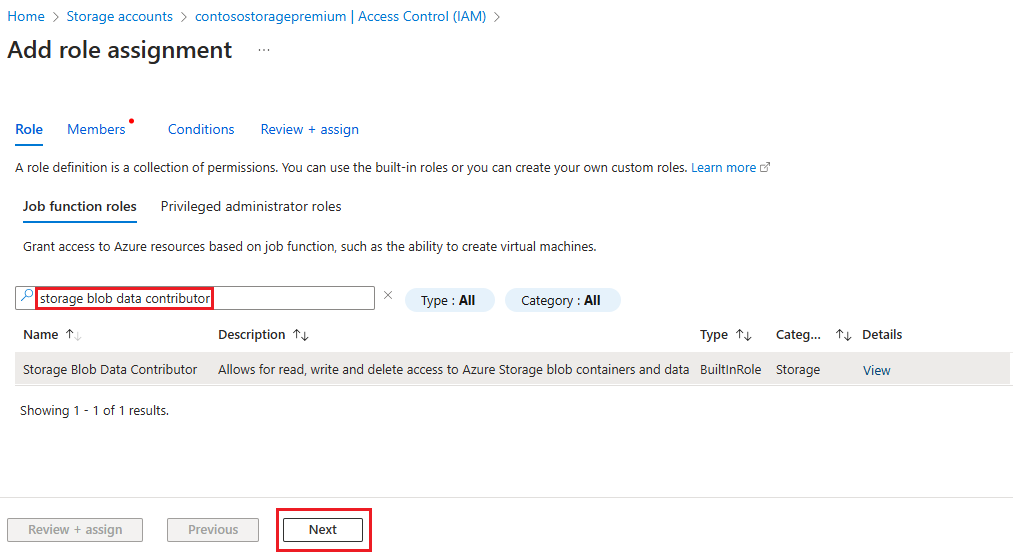 Screenshot showing Add role assignment form with list of roles.