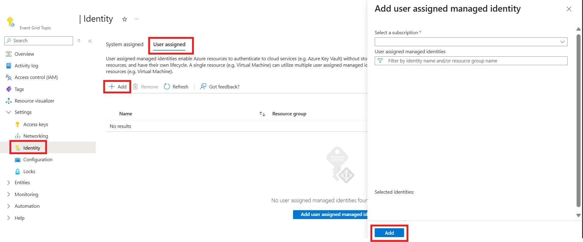 Screenshot of adding a user assigned managed identity to event grid topic.