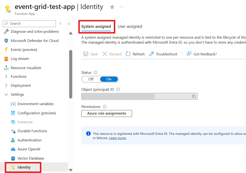 Screenshot of enabling system assigned identity in the function app.