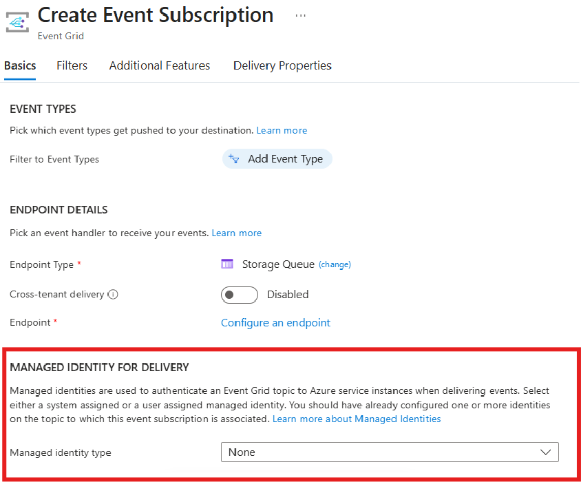 Screenshot of adding a user assigned managed identity to event grid subscription.