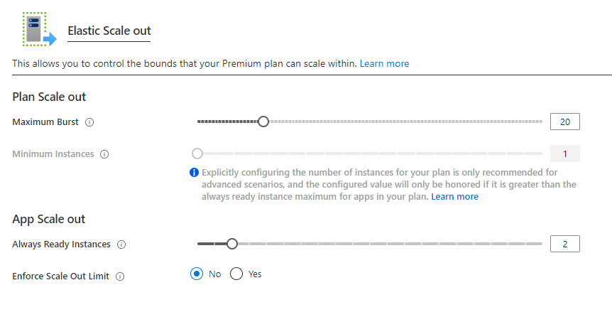 Screenshot that shows the elastic scale settings in the portal.
