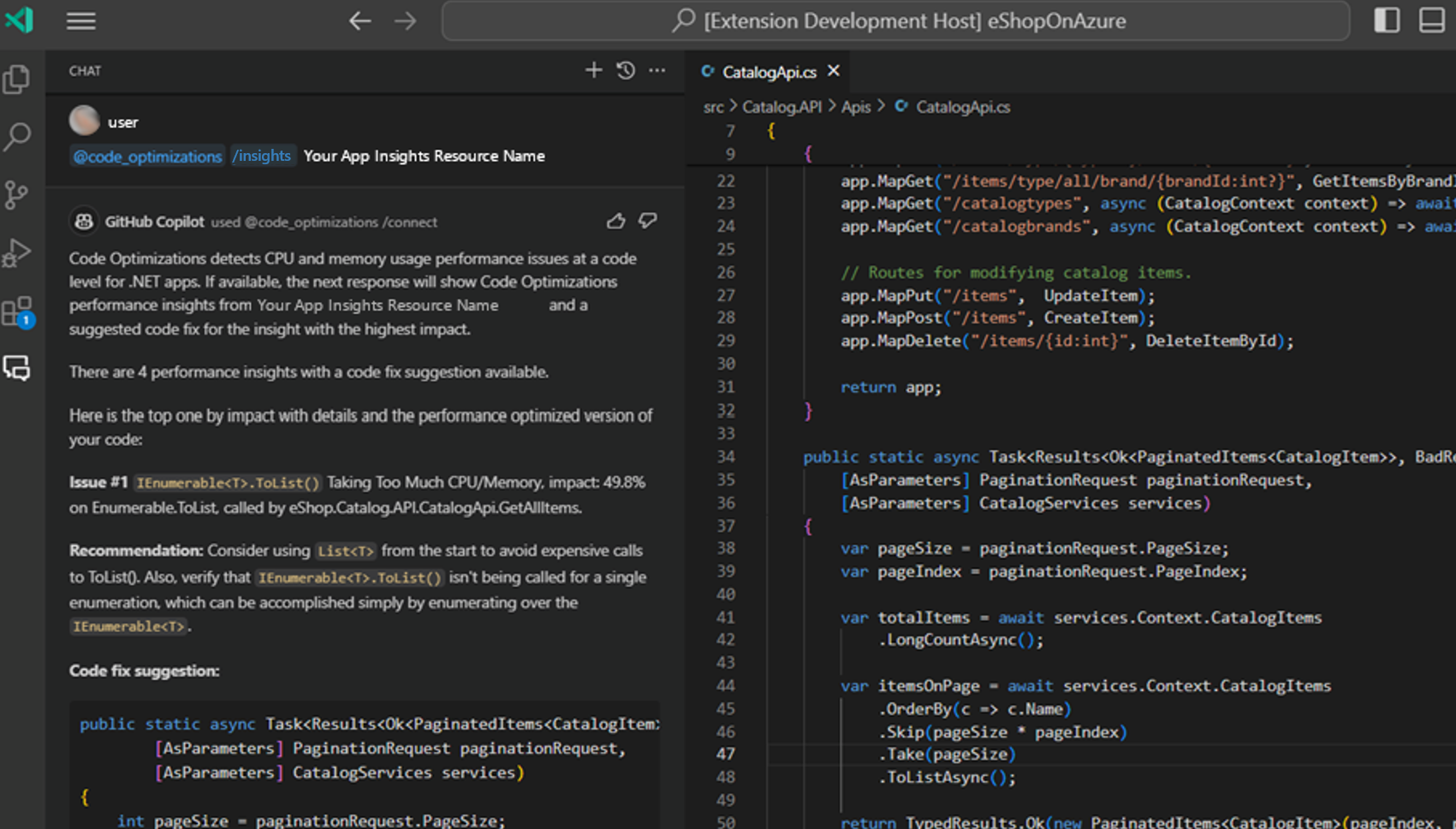 Screenshot of the results from running the code-optimizations connect command in Visual Studio Code.