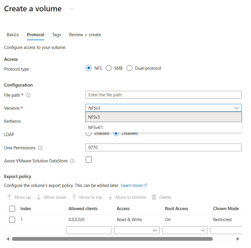 Screenshot of NFS protocol for selection.
