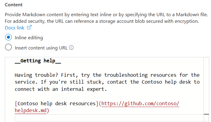 Screenshot showing entering inline content in an Azure portal dashboard markdown tile.