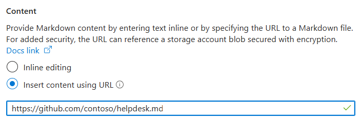 Screenshot showing entering a URL in an Azure portal dashboard markdown tile.