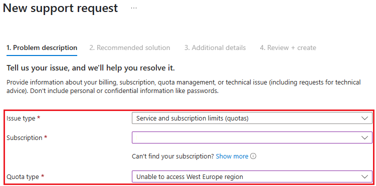 Screenshot of new support request.