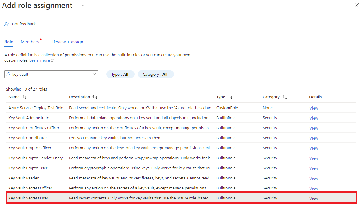 Screenshot that shows the Role tab when you add a role assignment to Key Vault.