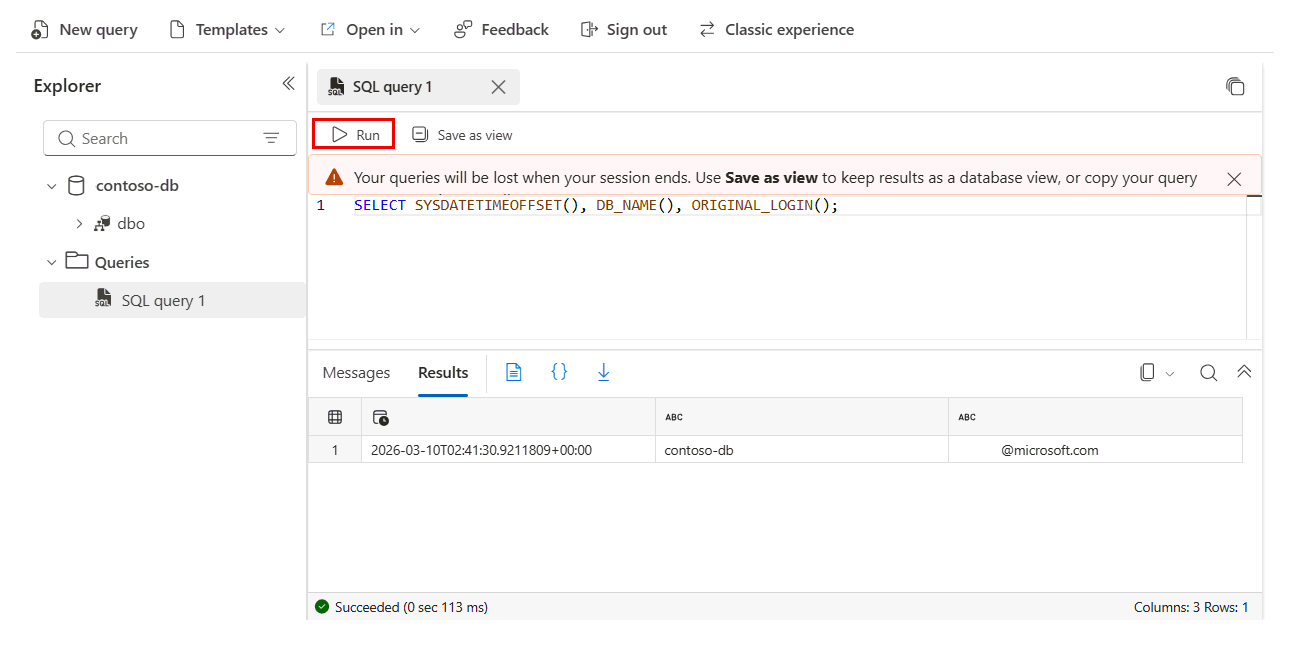 Screenshot from the Azure portal SQL query editor for Azure SQL Database.