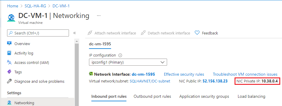 Screenshot of the Networking screen for the DC-VM-1 virtual machine. The NIC Private IP field with the value 10.38.0.4 is highlighted.