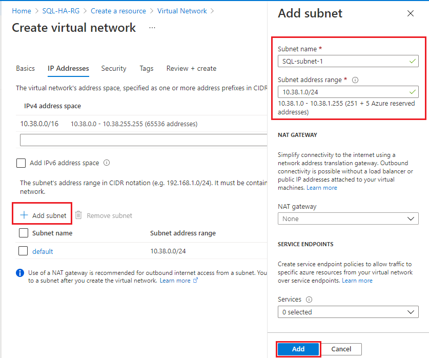 Screenshot of the Create virtual network page in the Azure portal with + Add subnet. The Add subnet dialog is open, and the Subnet name 'sql-subnet-1' and the Subnet address range '10.38.1.0/24' are entered.