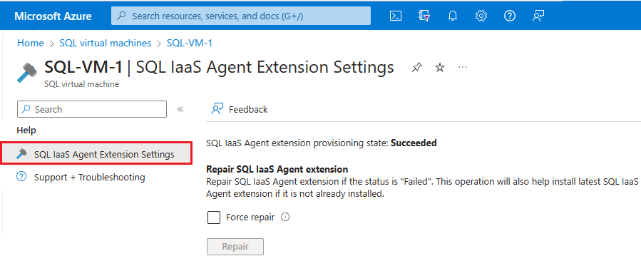 Screenshot of the SQL IaaS Agent extension settings page of the SQL virtual machines extension in the Azure portal. The options for repairing the extension are shown.