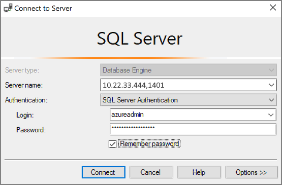 Screenshot of the Connect to Server window in SSMS.