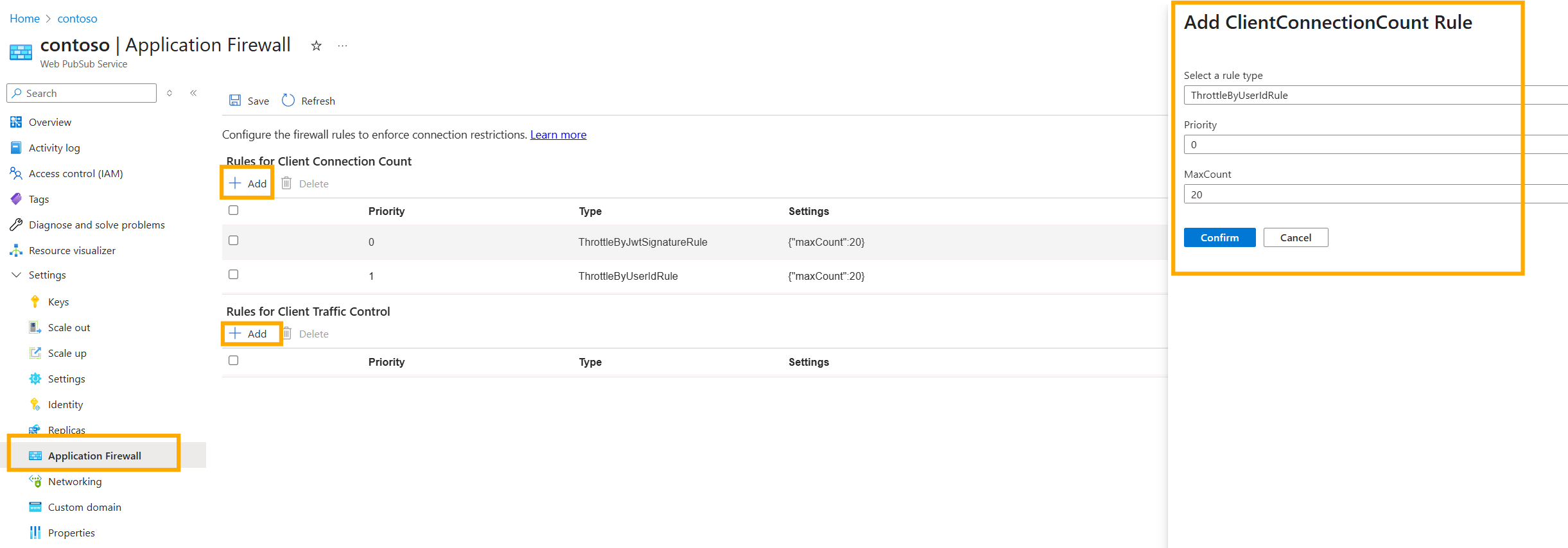 Screenshot of adding application firewall rules for Azure Web PubSub on Portal.
