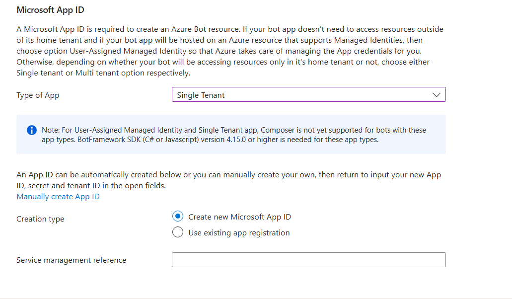 The Microsoft app ID settings for an Azure Bot resource