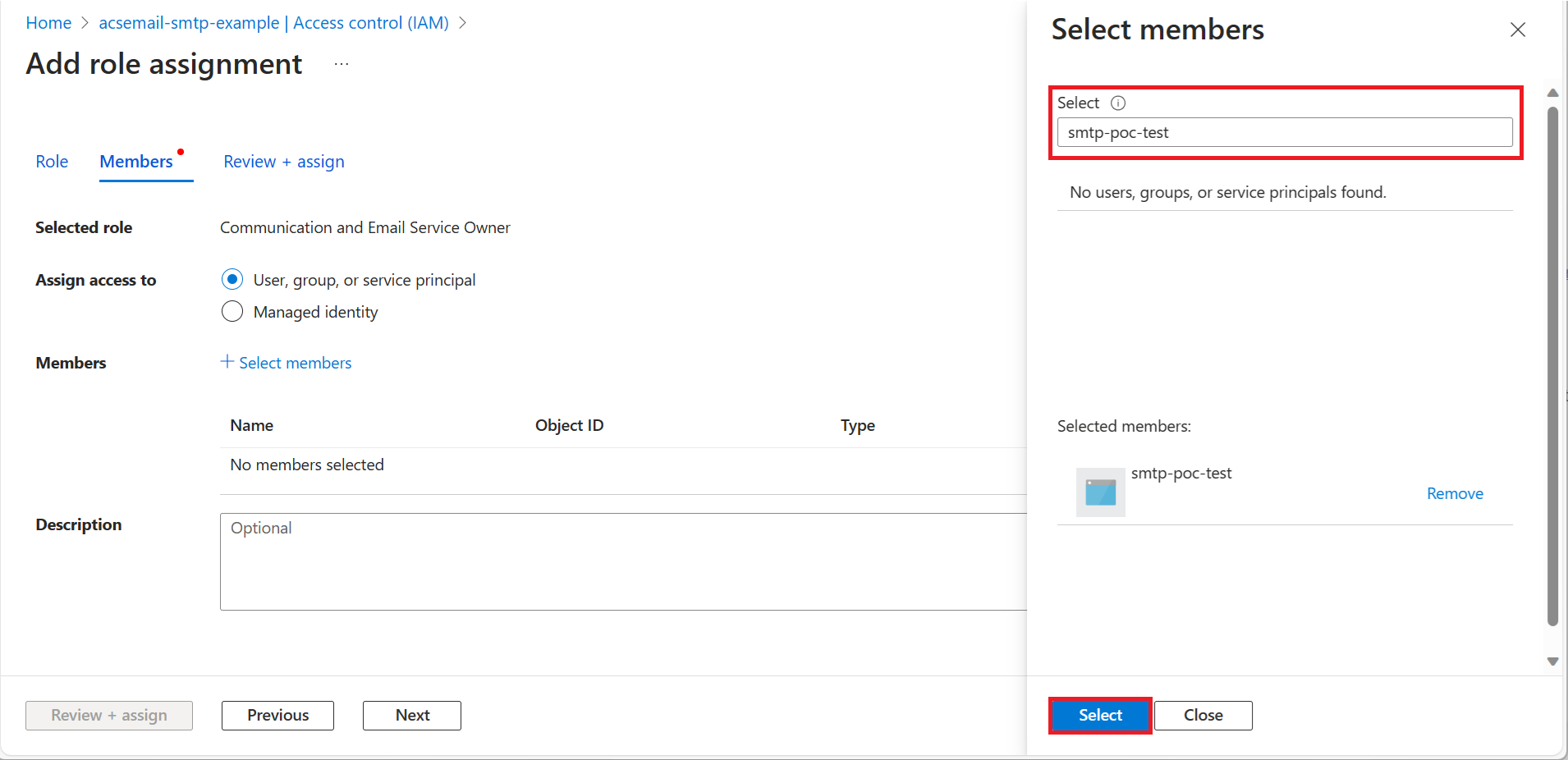 Screenshot that shows selecting the Microsoft Entra application that gets the built-in role.