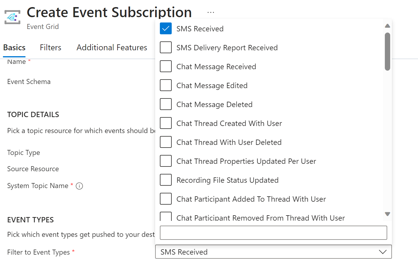 Screenshot that shows the selection of event types.