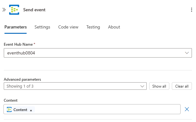 Screenshot shows Event Hubs action with the advanced parameter Content added to the action.
