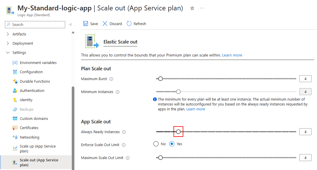 Screenshot shows Azure portal, Standard logic app resource, Scale out page, and Always Ready Instances number set to match Maximum Burst and Maximum Scale Out Limit.