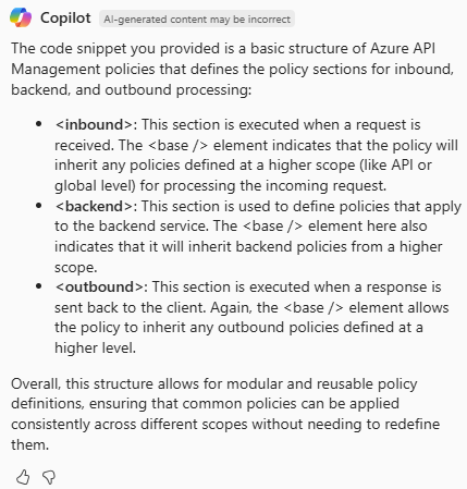 Screenshot of Azure Copilot providing information about a specific API Management policy.