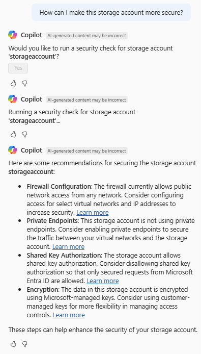 Screenshot showing Azure Copilot providing suggestions on storage account security best practices.