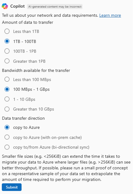 Screenshot of Azure Copilot asking about network and data requirements for a migration scenario.
