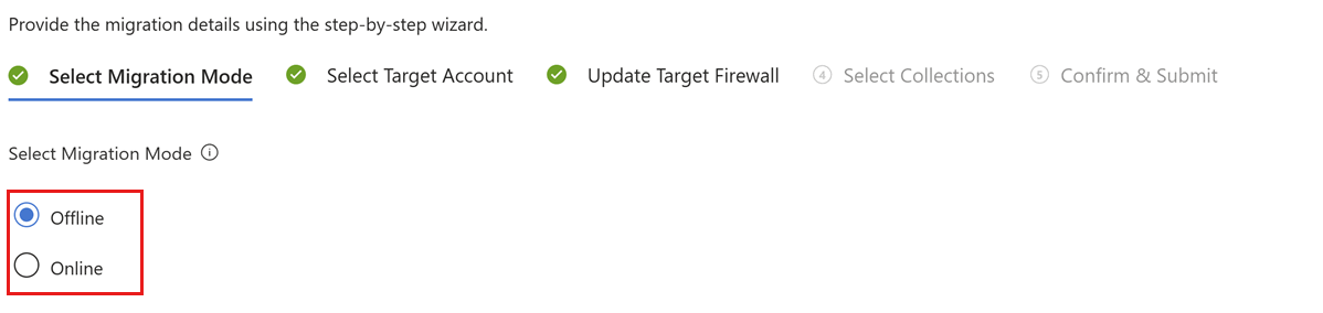 Screenshot of the mode selection options for a migration job.