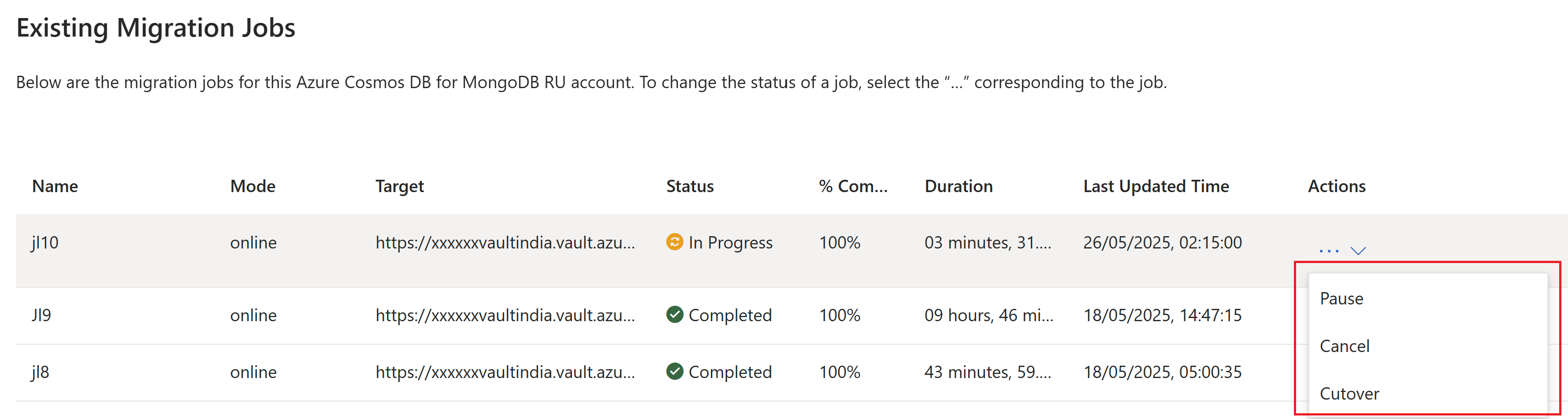 Screenshot of the page where existing migration jobs can be monitored or modified.