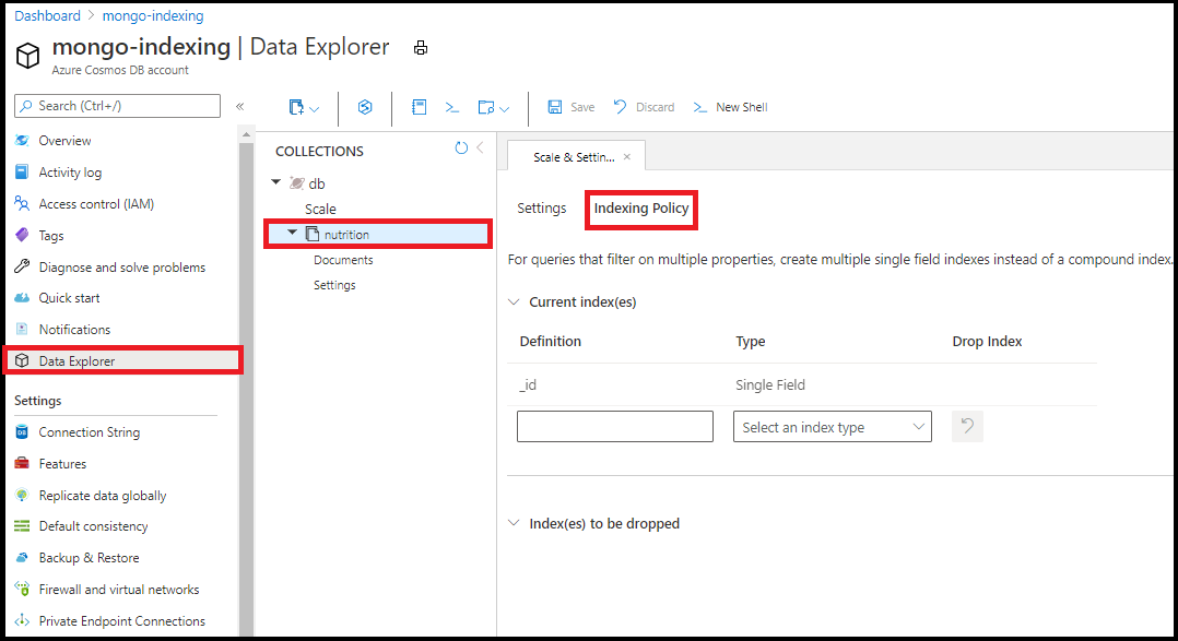 Screenshot of indexing policy editor in Azure Cosmos DB for MongoDB.