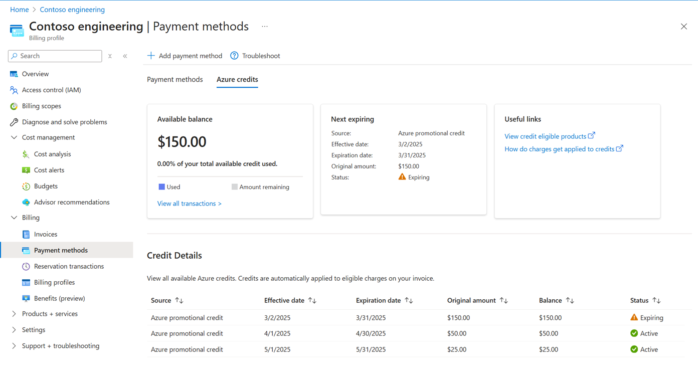 Screenshot that shows Credits in the Azure portal for Cost Management + Billing.