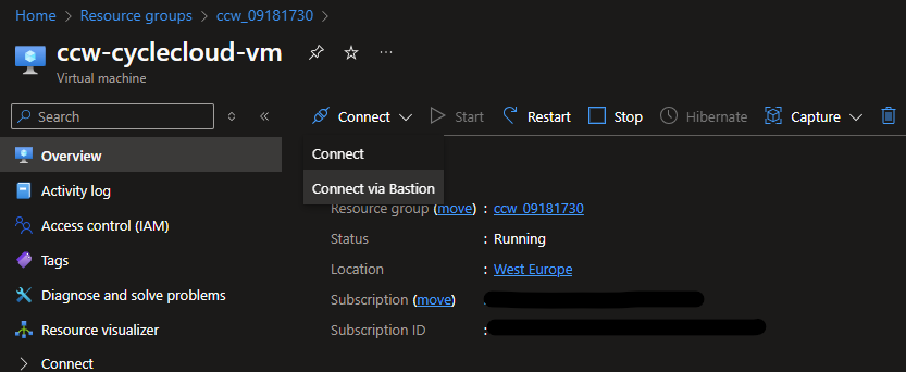 Screenshot of the Connect with Bastion menu.