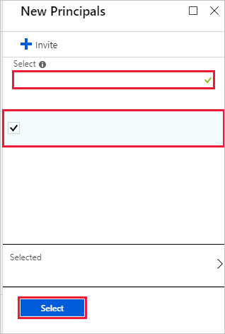 Screenshot of the Azure portal New Principals page. A principal name and image are selected and highlighted. The Select button is also highlighted.