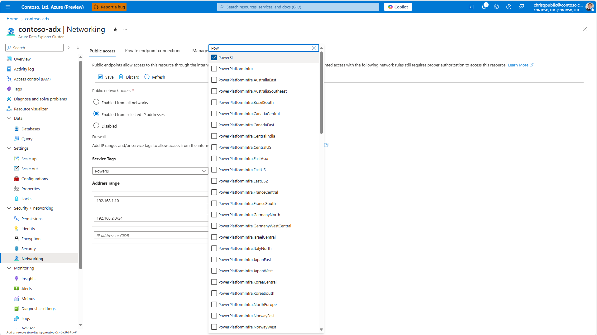 Screenshot of the network configuration page, showing the Service Tag search bar to configure the allowed service tags.