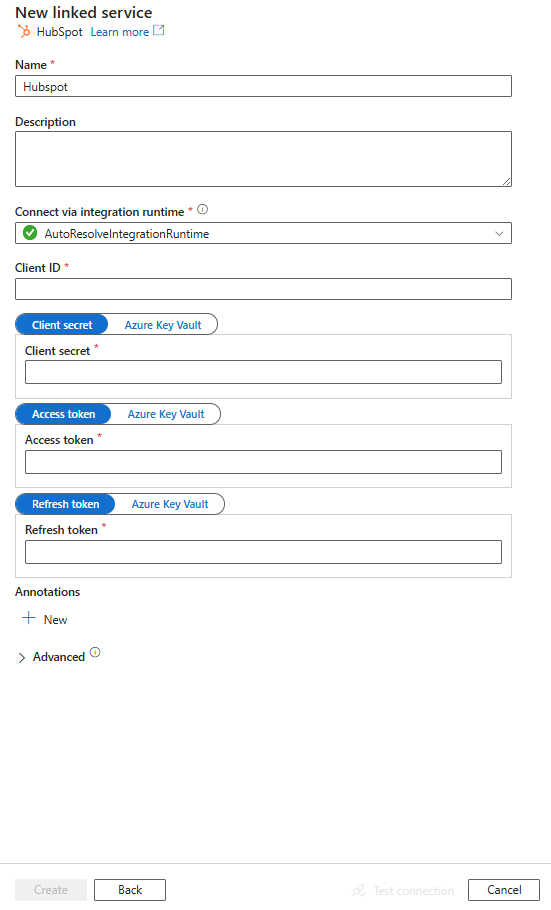 Configure a linked service to HubSpot.
