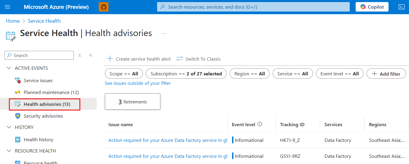 Screenshot of service health.