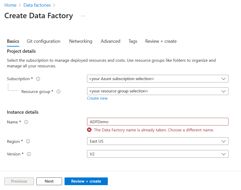 Screenshot that shows an error for a new data factory that indicates a duplicate name.
