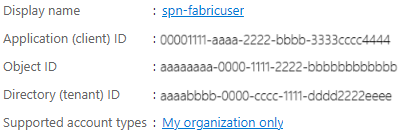 Screenshot showing the details of a new service principal.