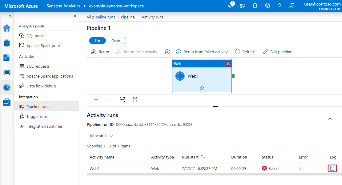 Screenshot of the &quot;Activity runs&quot; section on the &quot;All pipeline runs&quot; pane.