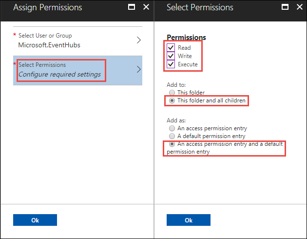 Assign permissions for the Data Lake Storage Gen1 folder Screenshot of the Assign Permissions section with the Select Permissions option called out. The Select Permissions section is next to it with the Read, Write, and Execute options, the Add to option, and the Add as option called out.