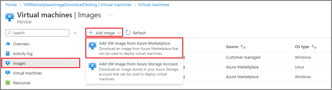 Screenshot showing the option to add a VM image from Azure Marketplace on the Virtual machines page of an Azure Stack Edge device in Azure portal.