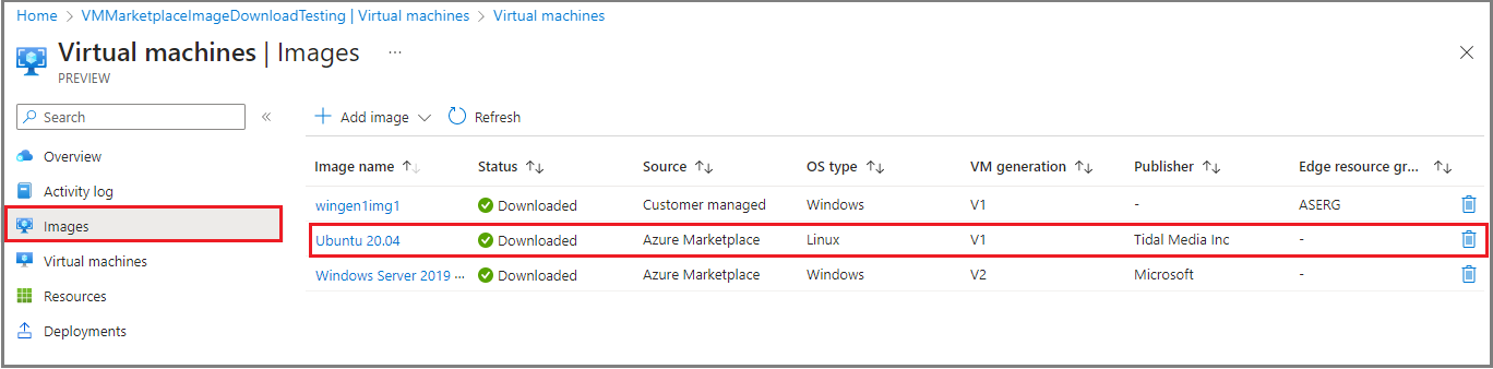 Screenshot showing successful download of a new VM image for an Azure Stack Edge device in Azure portal.
