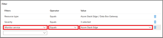Screenshot of the filter criteria builder for an action rule in Azure Stack Edge.