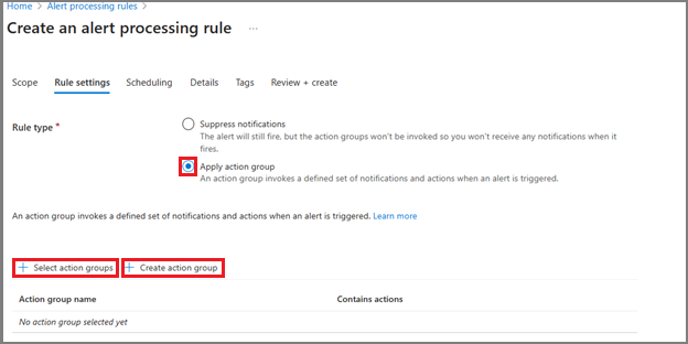 Screenshot of the rule setting options for rule type and action group options for an action rule in Azure Stack Edge.