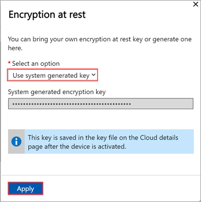 Screenshot of the local web UI "Encryption at rest" pane with system generated key.