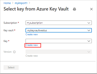 A screen capture showing the creation of a new key in Azure Key Vault.