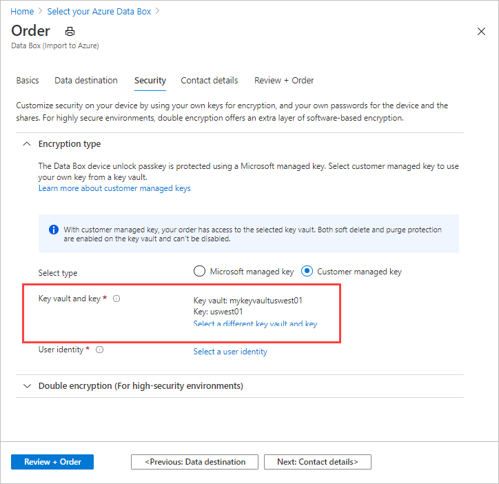 Screen capture of key and key vault values present after creating a new Azure Key Vault key to provide a customer-managed key for a Data Box export order.