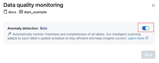 Toggle switch in Data Quality Monitoring dialog.