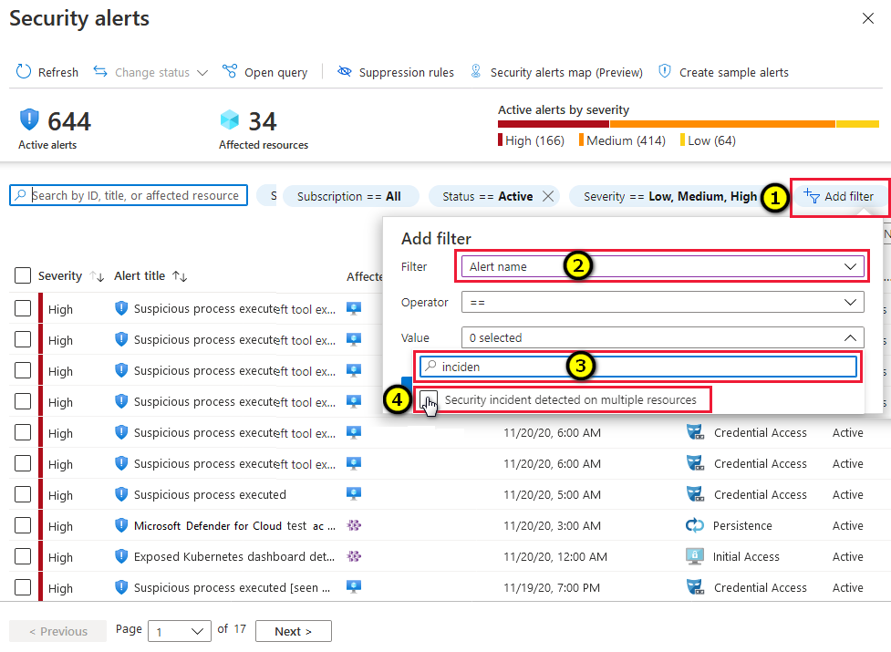 Locating the incidents on the security alerts page in Microsoft Defender for Cloud.