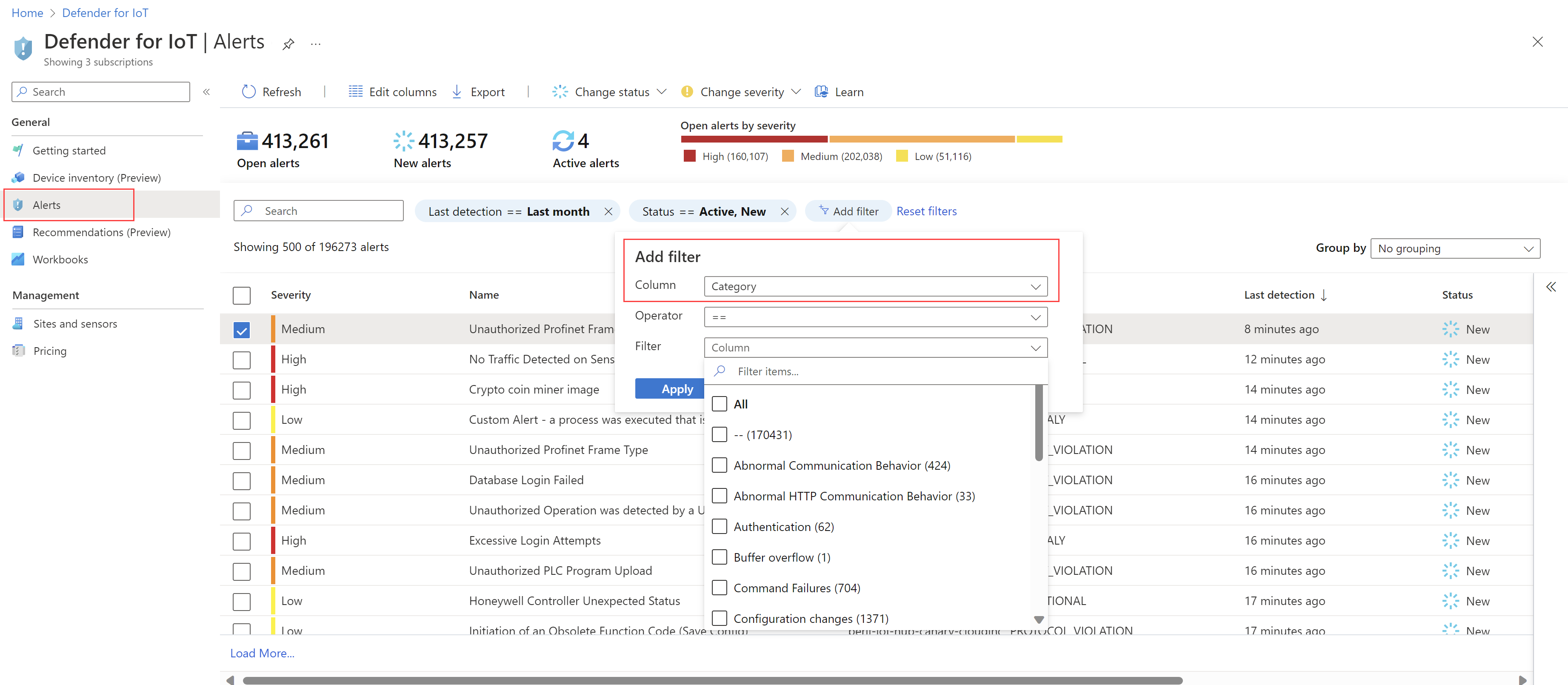 Screenshot of the Category filter option in Alerts page in the Azure portal.